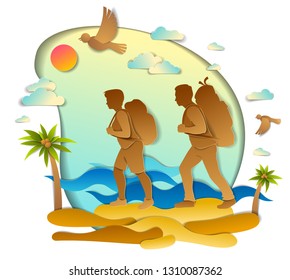 Active couple hiking to wild beach with sea ocean waves and palms, boyfriend and girlfriend, honeymoon. Vector illustration of beautiful scenic seascape, birds in the sky, summer holidays.