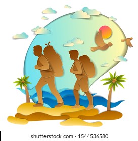 Active couple hiking to wild beach with sea ocean waves and palms, boyfriend and girlfriend, honeymoon. Vector illustration of beautiful scenic seascape, birds in the sky, summer holidays.