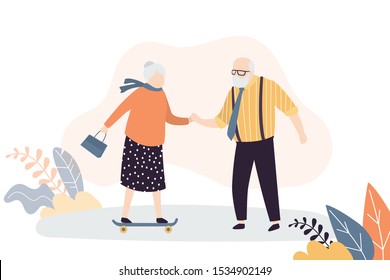 Active couple of old people. Grandma on a skateboard. Grandfather teaches grandmother to ride a skateboard. Funny senior characters. Elderly sport persons. Vector illustration