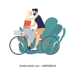 Active couple riding on bike together isolated on white background. Happy enamored man and woman bicyclist hugging feeling love vector flat illustration. Smiling people enjoying outdoors activity