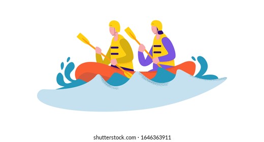 Active couple in safety suit and helmet enjoying rafting vector flat illustration. Cartoon man and woman holding paddle floating on water wave extreme sport concept isolated on white background