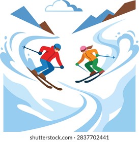 Active Couple Skiing Fast Down Snowy Mountain Slopes Vector Art