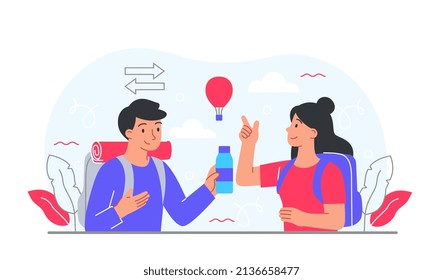 Active couple traveling. Young man and girl with backpacks in nature. Travel, hike and adventure. Lifestyle and vacation. Characters in nature, help and support. Cartoon flat vector illustration