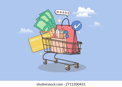 Aktiver Kurier, der aus einem Laptop-Bildschirm mit Paketen springt. Ein lebendiges Konzept von sofortigem Online-Shopping, sicherer Bezahlung und der Freude an der 5-Sterne-Express-Lieferung.