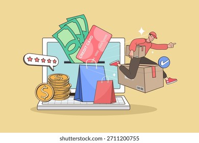 Aktiver Kurier, der aus einem Laptop-Bildschirm mit Paketen springt. Ein lebendiges Konzept von sofortigem Online-Shopping, sicherer Bezahlung und der Freude an der 5-Sterne-Express-Lieferung.