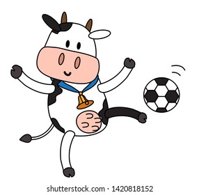 Active cow playing butbobol on a white background. Vector illustration.