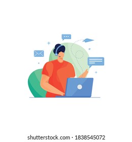 Operador activo de servicio al cliente con auriculares que hablan con ilustración de cliente. Hombre con audífonos y micrófonos con la computadora portátil.