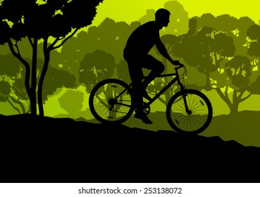 Active cyclists bicycle rider in wild forest nature landscape background illustration vector