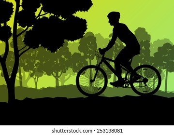 Active cyclists bicycle rider in wild forest nature landscape background illustration vector