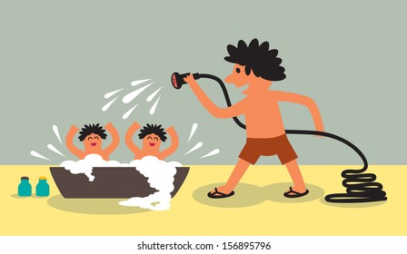 Active daddy bathing his kids with sprinkle watering vector art
