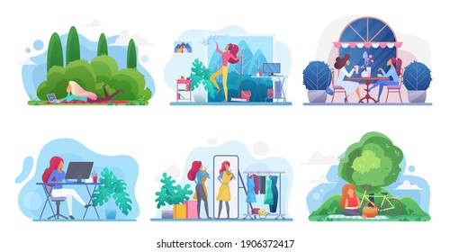 Active day of girl vector illustration set. Cartoon daily activity of woman character collection, young lady working on computer or laptop, meeting with friend, shopping, resting isolated on white