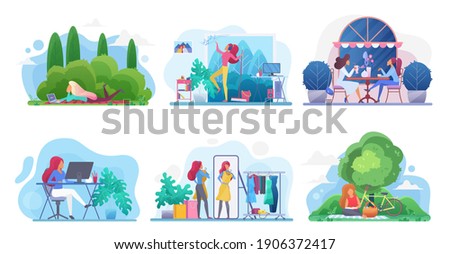Active day of girl vector illustration set. Cartoon daily activity of woman character collection, young lady working on computer or laptop, meeting with friend, shopping, resting isolated on white