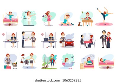 Active day of happy woman. Daily routine. Cartoon character of young pretty girl in different situations. Day time. Home and work. Colorful flat vector design
