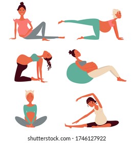 Active different pregnant women do fitness, yoga, fitness ball. Exercises for pregnant women. Cartoon illustration, vector, isolated on a white background.