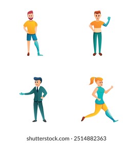 Active disability icons set cartoon vector. Human with prosthesis play sport. Bionics, biomechatronics