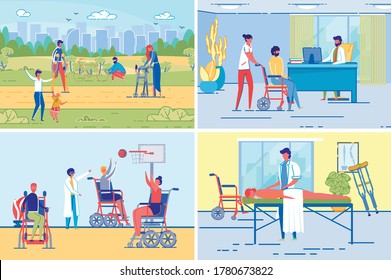 Conjunto de estilos de vida y fondos de rehabilitación para personas con discapacidad activa o personas con discapacidad. Personajes de dibujos animados de hombres y mujeres en silla de ruedas o en crutches, deporte y tratamiento. Ilustración del vector FLat.