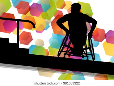 Active disabled man in a wheelchair medical health concept silhouette illustration background vector