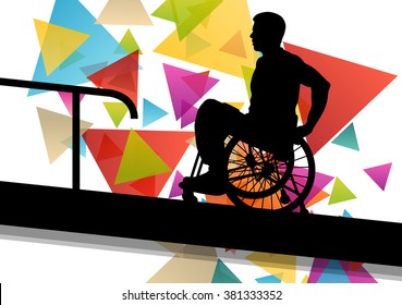 Active disabled man in a wheelchair medical health concept silhouette illustration background vector