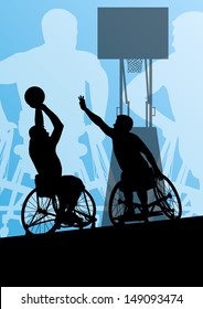 Active disabled men basketball players in a wheelchair detailed sport concept silhouette illustration background vector