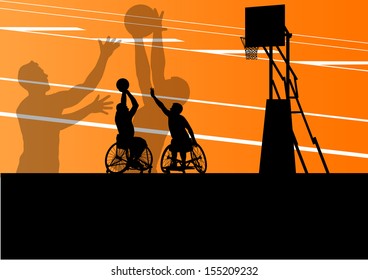 Active disabled men basketball players in a wheelchair detailed sport concept silhouette illustration background vector