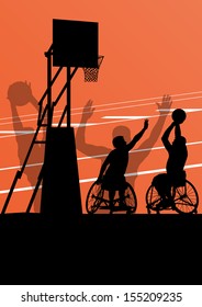 Active disabled men basketball players in a wheelchair detailed sport concept silhouette illustration background vector