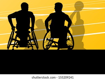Active disabled men basketball players in a wheelchair detailed sport concept silhouette illustration background vector