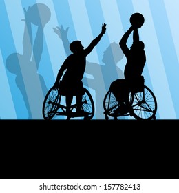 Active disabled men basketball players in a wheelchair detailed sport concept silhouette illustration background vector