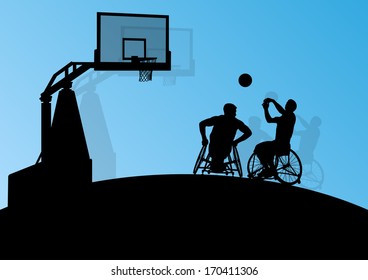 Active disabled men basketball players in a wheelchair detailed sport concept silhouette illustration background vector