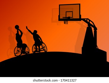 Active disabled men basketball players in a wheelchair detailed sport concept silhouette illustration background vector