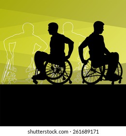 Active disabled men on a wheelchair detailed sport concept silhouette illustration background vector