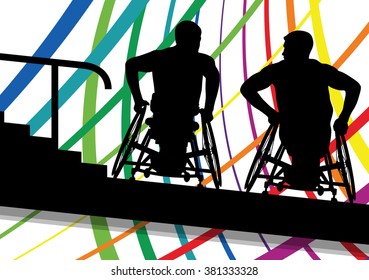 Active disabled men in a wheelchair medical health concept silhouette illustration background vector