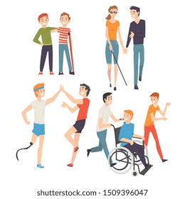 Active Disabled People Training, Walking and Spending Good Time with Their Friends Set, Friendship and Support, People Enjoying Full Life Vector Illustration