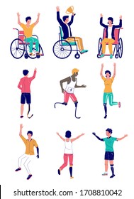 Personas con discapacidad activa, ilustración aislada vectorial plana. Personajes masculinos y femeninos practicando deportes con prótesis de silla de ruedas, prótesis de brazo y pierna. Felices ganadores discapacitados atletas paralímpicos.