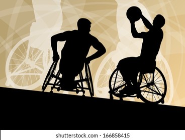 Active disabled young men basketball players in a wheelchair detailed sport concept silhouette illustration background vector