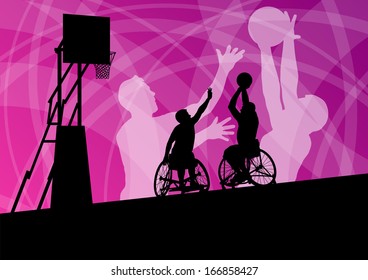 Active disabled young men basketball players in a wheelchair detailed sport concept silhouette illustration background vector