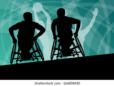 Active disabled young men basketball players in a wheelchair detailed sport concept silhouette illustration background vector