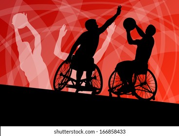 Active disabled young men basketball players in a wheelchair detailed sport concept silhouette illustration background vector