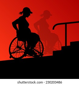 Active disabled young pregnant woman in a wheelchair detailed health care stair steps concept silhouette illustration background vector