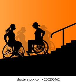 Active disabled young women in a wheelchair detailed health care stair steps concept silhouette illustration background vector
