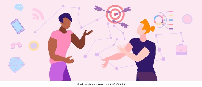 Active discussion of presentation, meeting of businessmen, Work process of office employees. A management team of businessmans is developing a creative project. Modern vector illustration