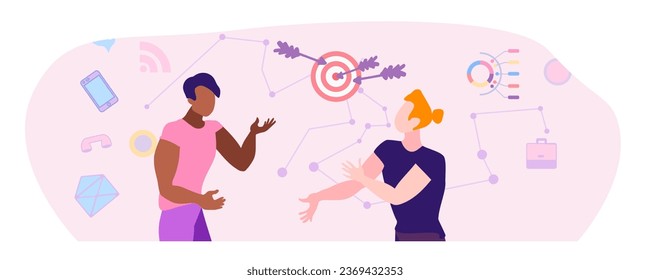 Debate activo sobre la presentación, reunión de colegas. Proceso de trabajo de los empleados de oficina. Empresarios, personajes, grupo de trabajo en equipo. Ilustración vectorial plana moderna.