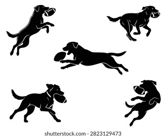 Active Dog Playing Rugby Ball Silhouette Collection Sport Pet Vector Set