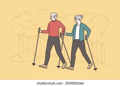 Active elder people with canes do Nordic slow walking in nature forest. Happy old grandmother and grandfather follow healthy lifestyle, keep good fit. Maturity. Flat vector illustration. 