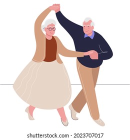 active elderly couple is dancing. happy elderly man and a woman hold hands and demonstrate dance moves isolated on white. grandma and grandpa at the dance. trendy flat style. 
stock vector. EPS 10