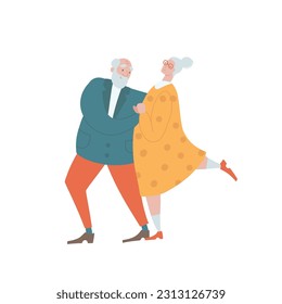 Active elderly couple dancing isolated concept. Happy Senior man and woman hold hands and demonstrate dance moves. Old grandma and grandpa at the dance. Hand drawn flat vector illustration.
