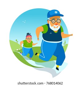 Active elderly couple doing fitness, running, exercising. Run on track, catching up, with each other. Healthy lifestyle. Flat funny cartoon vector illustration. Summer day hills landscape background.