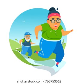 Active elderly couple doing fitness, running, exercising. Run on track, catching up, with each other. Healthy lifestyle. Flat funny cartoon vector illustration. Summer day hills landscape background.