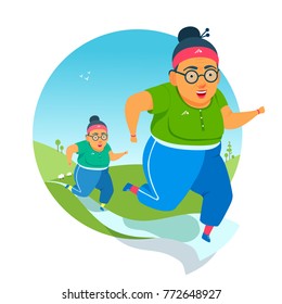 Active elderly couple doing fitness, running, exercising. Run on track, catching up, with each other. Healthy lifestyle. Flat funny cartoon vector illustration. Summer day hills landscape background.
