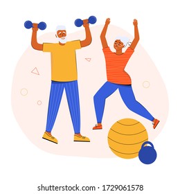 An active elderly couple doing sports together at home. Grandparents lead a healthy lifestyle. Active seniors training in gym. Seniors people train using dumbbells and do gymnastics, stretching.