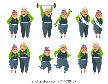 Active elderly couple doing sports, fitness, weight lifting, running, stretch, exercising, winning, pointing a finger. Healthy lifestyle. Flat funny cartoon illustration vector set isolated on white.